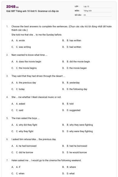 Giải SBT Tiếng anh 10 Unit 9. Grammar có đáp án