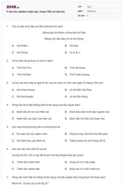 9 câu trắc nghiệm Luyện tập ( trang 108) (có đáp án)