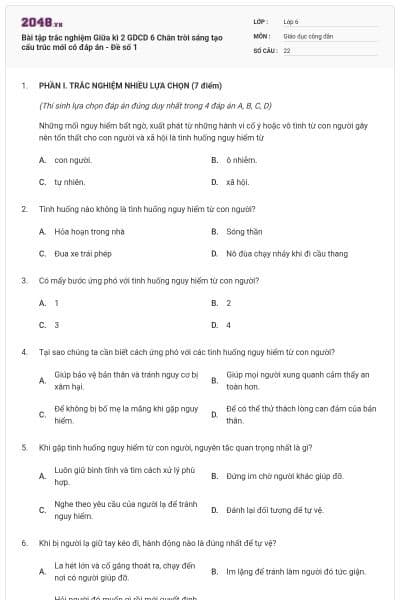 Bài tập trắc nghiệm Giữa kì 2 GDCD 6 Chân trời sáng tạo cấu trúc mới có đáp án - Đề số 1
