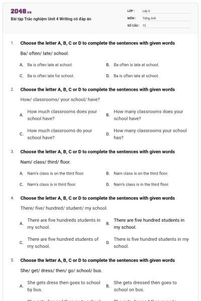 Bài tập Trắc nghiệm Unit 4 Writing có đáp án