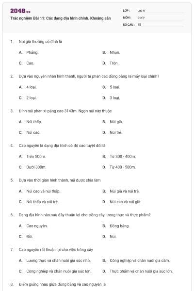 Trắc nghiệm Bài 11: Các dạng địa hình chính. Khoáng sản