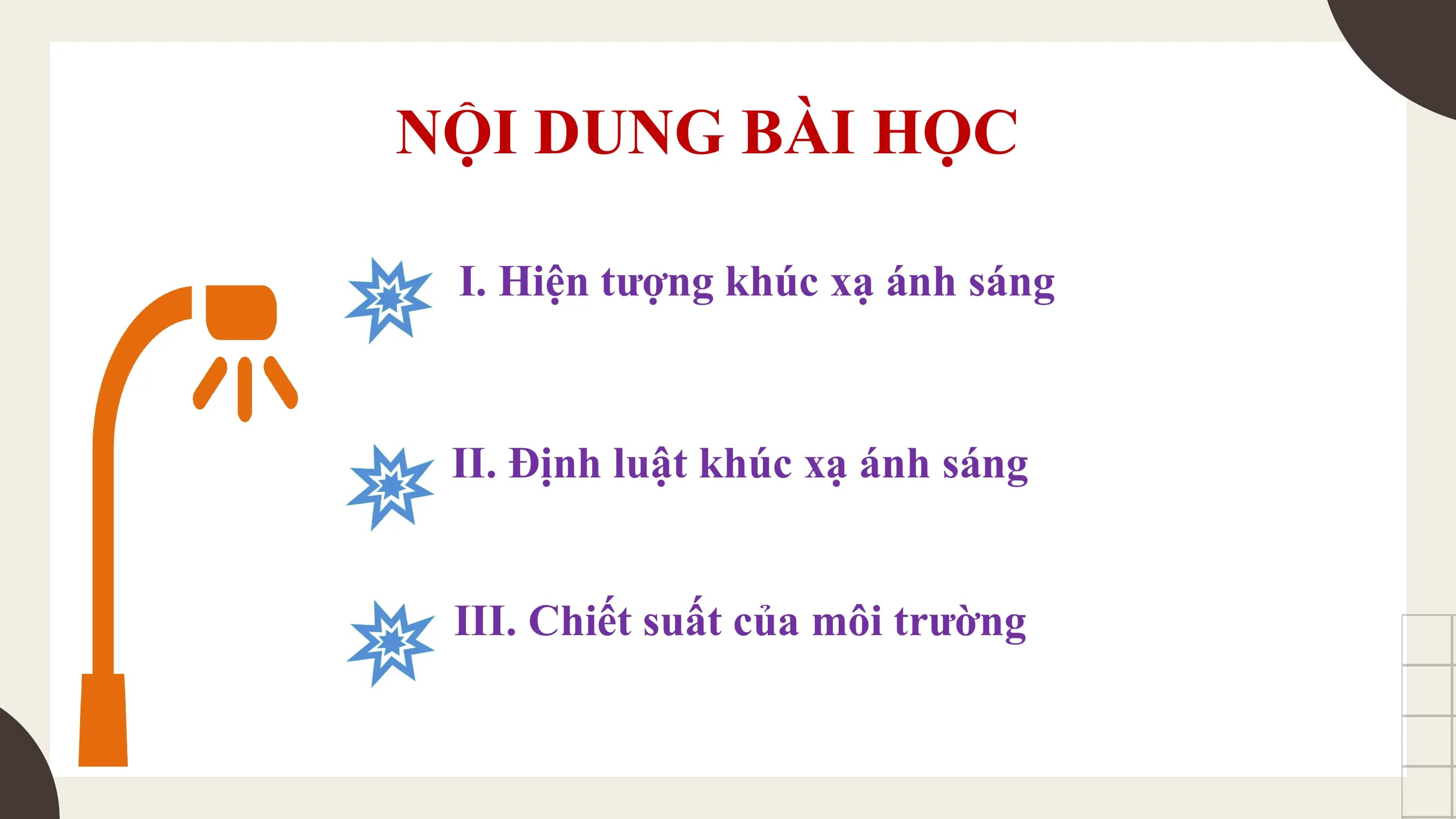 NỘI DUNG BÀI HỌC

 I. Hiện tượng khúc xạ ánh sáng

 II. Định luật khúc xạ ánh sáng

 III. Chiết suất của môi trường