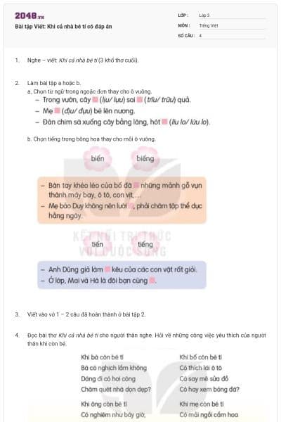 Bài tập Viết: Khi cả nhà bé tí có đáp án