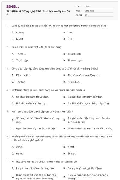 Đề thi Giữa kì 2 Công nghệ 8 Kết nối tri thức có đáp án - Đề 4