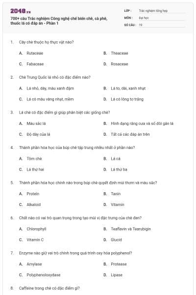 700+ câu Trắc nghiệm Công nghệ chế biến chè, cà phê, thuốc lá có đáp án - Phần 1