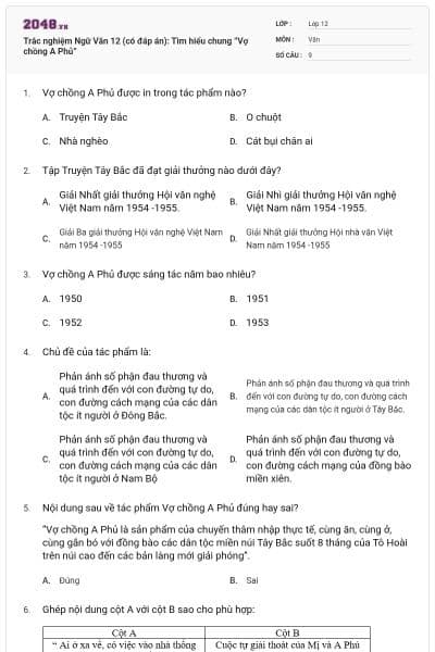 Trắc nghiệm Ngữ Văn 12 (có đáp án):  Tìm hiểu chung ”Vợ chồng A Phủ”