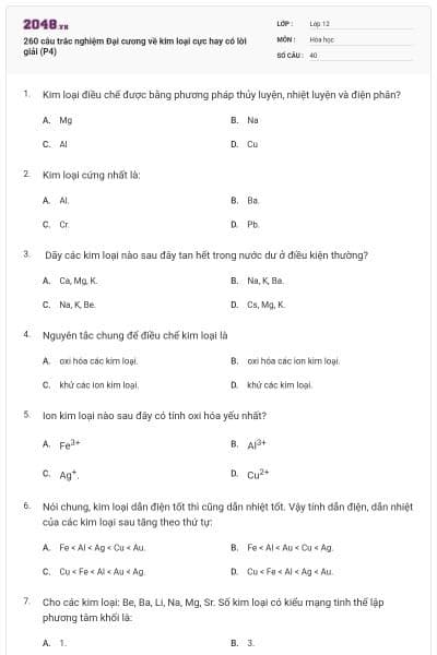 260 câu trắc nghiệm Đại cương về kim loại cực hay có lời giải (P4)