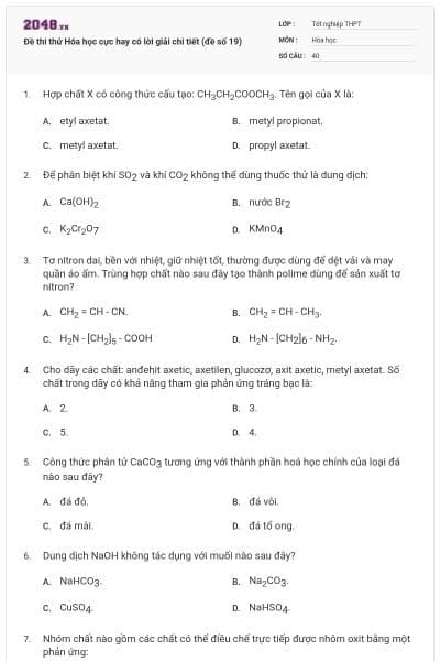 Đề thi thử Hóa học cực hay có lời giải chi tiết (đề số 19)