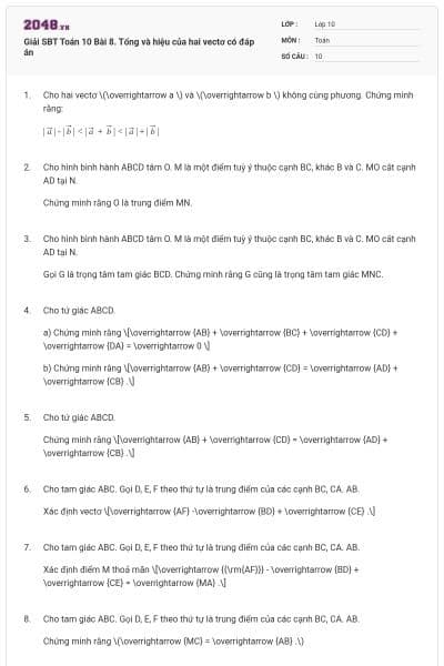 Giải SBT Toán 10 Bài 8. Tổng và hiệu của hai vectơ có đáp án