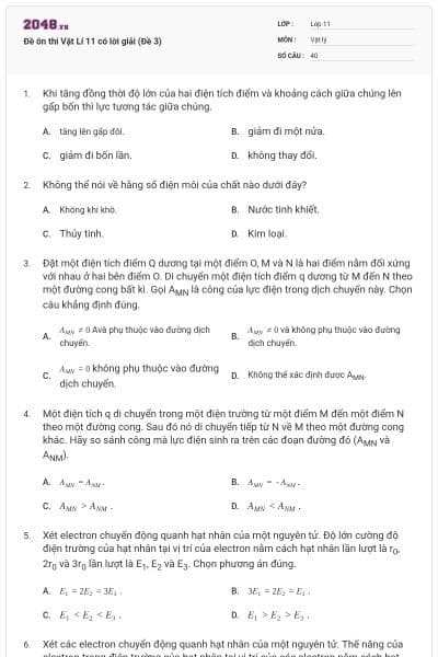 Đề ôn thi Vật Lí 11 có lời giải (Đề 3)