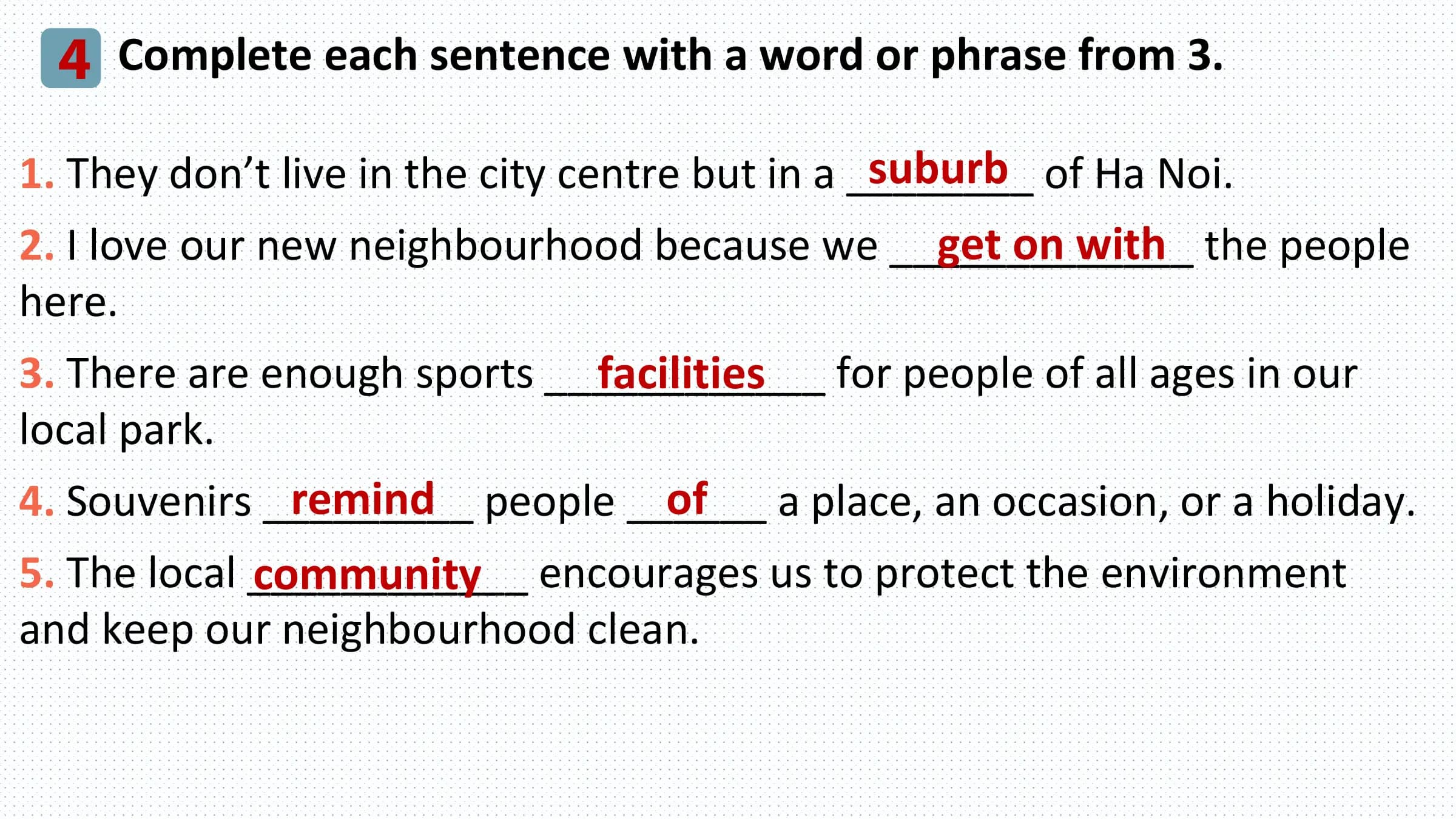 4 Complete each sentence with a word or phrase from 3.
 suburb of Ha Noi.
1. They don’t live in the city centre but in a ________
 get on with the people
2. I love our new neighbourhood because we _____________
here.
 facilities for people of all ages in our
3. There are enough sports ____________
local park.
 remind people ______
4. Souvenirs _________ of a place, an occasion, or a holiday.
5. The local ____________
 community encourages us to protect the environment
and keep our neighbourhood clean.