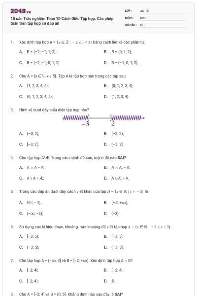 15 câu Trắc nghiệm Toán 10 Cánh Diều Tập hợp. Các phép toán trên tập hợp có đáp án