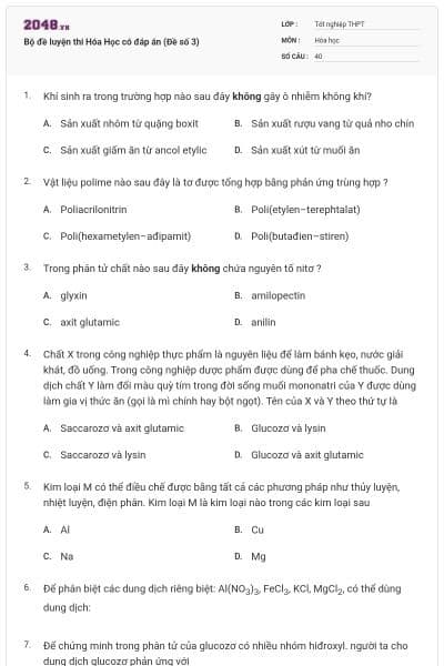 Bộ đề luyện thi Hóa Học có đáp án (Đề số 3)