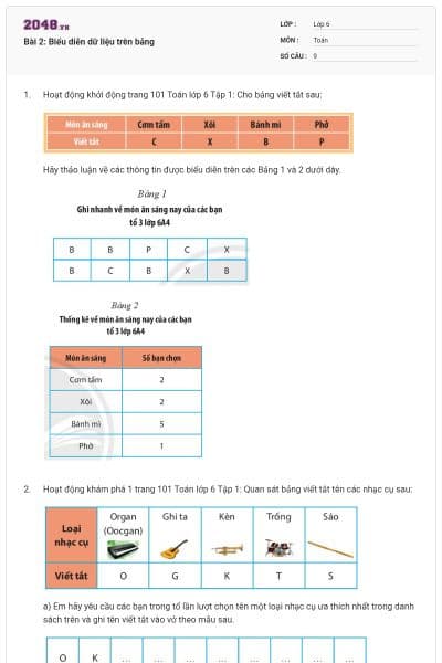 Bài 2: Biểu diễn dữ liệu trên bảng