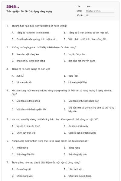 Trắc nghiệm Bài 30: Các dạng năng lượng