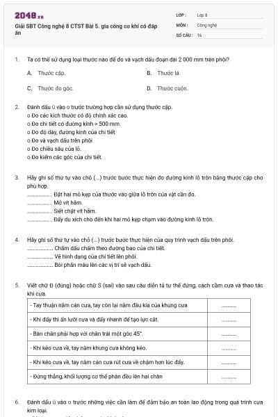 Giải SBT Công nghệ 8 CTST Bài 5. gia công cơ khí có đáp án