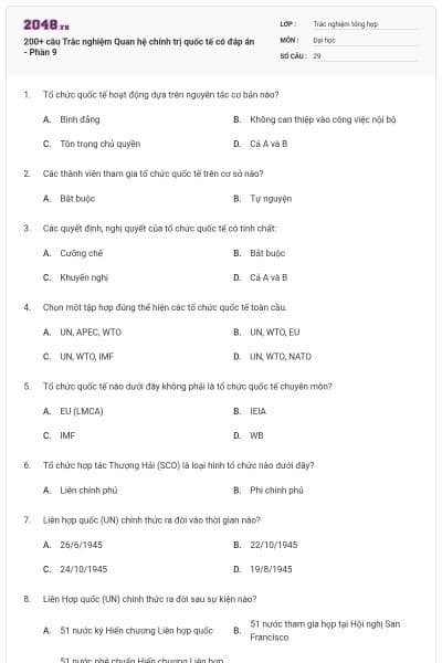 200+ câu Trắc nghiệm Quan hệ chính trị quốc tế có đáp án - Phần 9