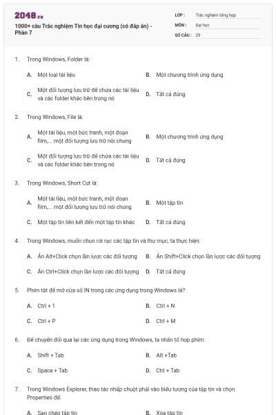 1000+ câu Trắc nghiệm Tin học đại cương (có đáp án) - Phần 7