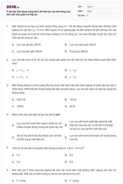 9 bài tập Vận dụng công thức để tính lực ma sát trong các bài toán đơn giản có đáp án