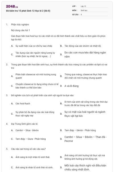 Đề kiểm tra 15 phút Sinh 12 Học kì 2 (Đề 8)