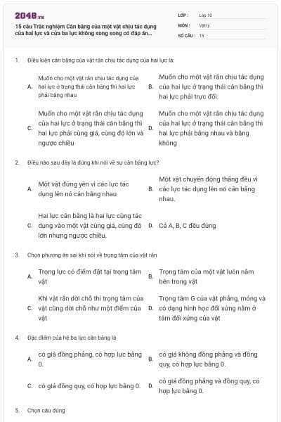 15 câu Trắc nghiệm Cân bằng của một vật chịu tác dụng của hai lực và cửa ba lực không song song có đáp án (Nhận biết, thông hiểu)
