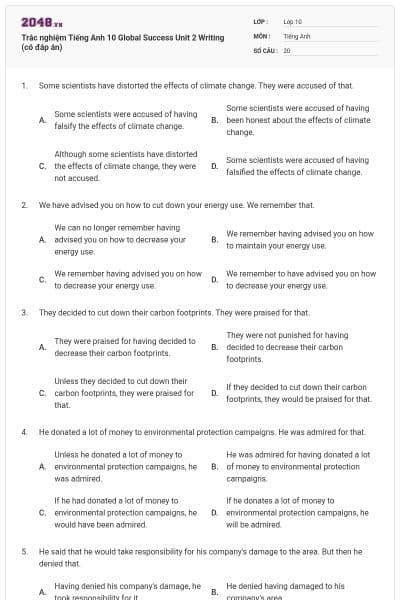 Trắc nghiệm Tiếng Anh 10 Global Success Unit 2 Writing (có đáp án)