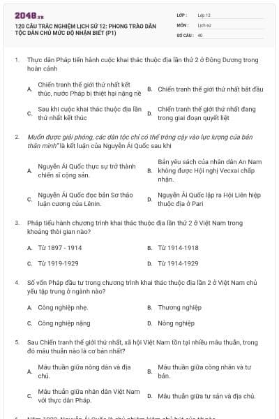 120 CÂU TRẮC NGHIỆM LỊCH SỬ 12: PHONG TRÀO DÂN TỘC DÂN CHỦ MỨC ĐỘ NHẬN BIẾT (P1)