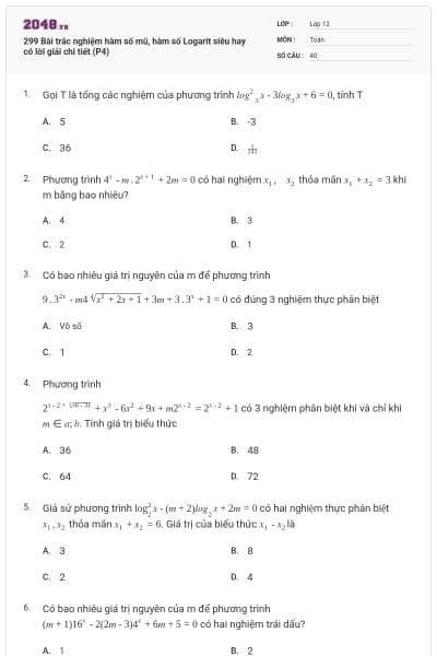 299 Bài trắc nghiệm hàm số mũ, hàm số Logarit siêu hay có lời giải chi tiết (P4)