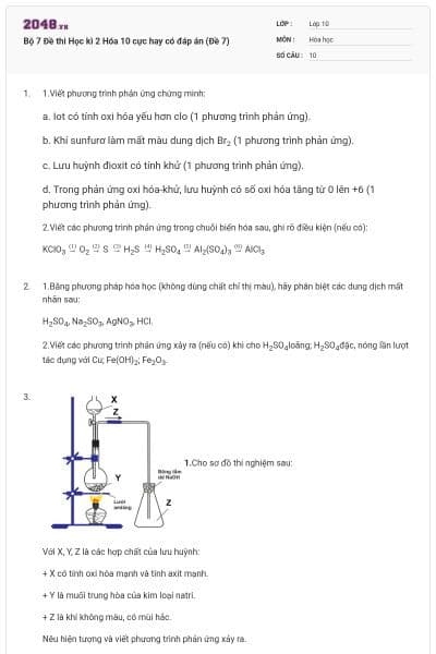 Bộ 7 Đề thi Học kì 2 Hóa 10 cực hay có đáp án (Đề 7)
