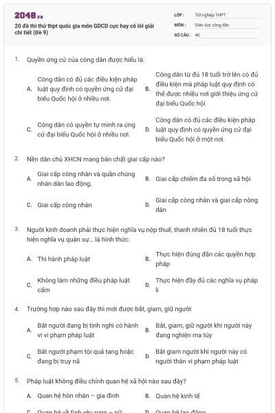 20 đề thi thử thpt quốc gia môn GDCD cực hay có lời giải chi tiết (Đề 9)