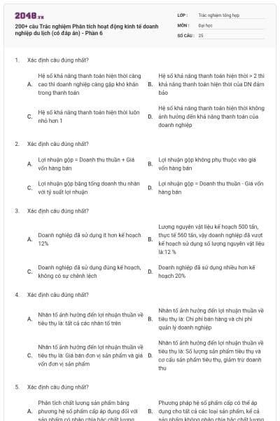 200+ câu Trắc nghiệm Phân tích hoạt động kinh tế doanh nghiệp du lịch (có đáp án) - Phần 6