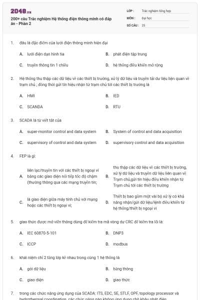 200+ câu Trắc nghiệm Hệ thống điện thông minh có đáp án - Phần 2