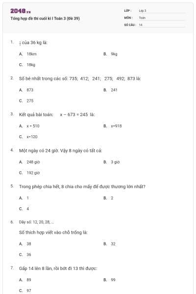 Tổng hợp đề thi cuối kì I Toán 3 (Đề 39)