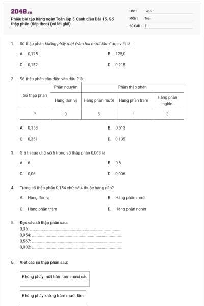 Phiếu bài tập hàng ngày Toán lớp 5 Cánh diều Bài 15. Số thập phân (tiếp theo) (có lời giải)