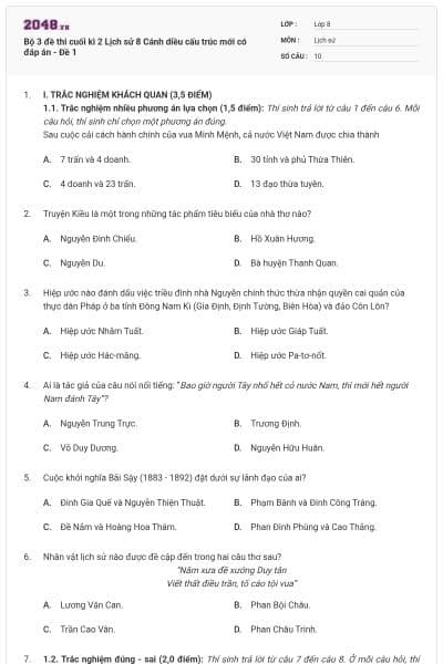 Bộ 3 đề thi cuối kì 2 Lịch sử 8 Cánh diều cấu trúc mới có đáp án - Đề 1