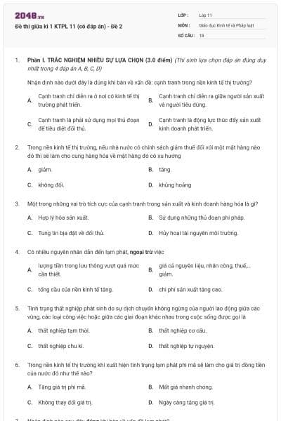 Đề thi giữa kì 1 KTPL 11 (có đáp án) - Đề 2