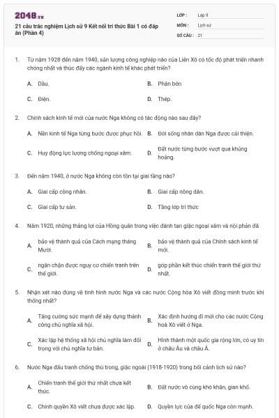 21 câu trắc nghiệm Lịch sử 9 Kết nối tri thức Bài 1 có đáp án (Phần 4)