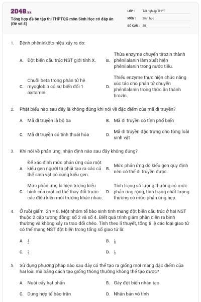 Tổng hợp đề ôn tập thi THPTQG môn Sinh Học có đáp án (Đề số 4)