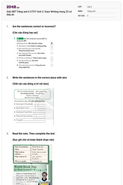 Giải SBT Tiếng anh 6 CTST Unit 2: Days Writing trang 23 có đáp án