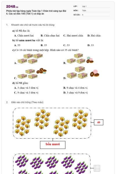 Phiếu bài tập hàng ngày Toán lớp 1 Chân trời sáng tạo Bài 6. Các số đến 100 (Tiết 1) có đáp án