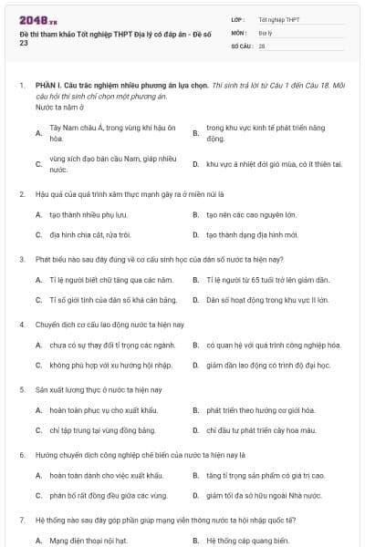 Đề thi tham khảo Tốt nghiệp THPT Địa lý có đáp án - Đề số 23