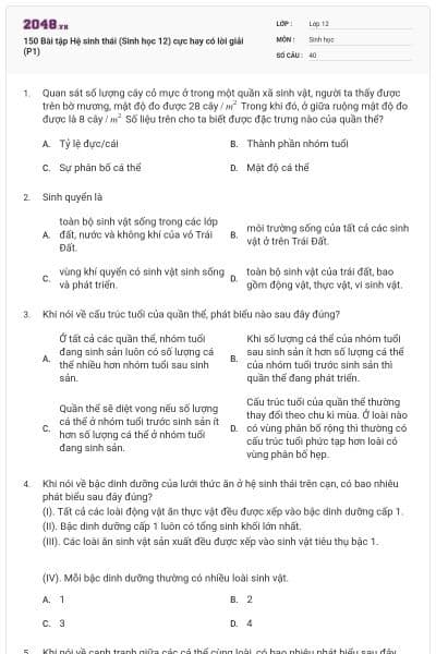 150 Bài tập Hệ sinh thái (Sinh học 12) cực hay có lời giải (P1)