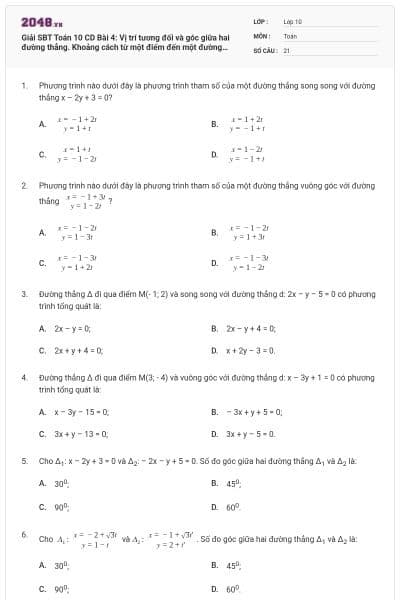 Giải SBT Toán 10 CD Bài 4: Vị trí tương đối và góc giữa hai đường thẳng. Khoảng cách từ một điểm đến một đường thẳng có đáp án