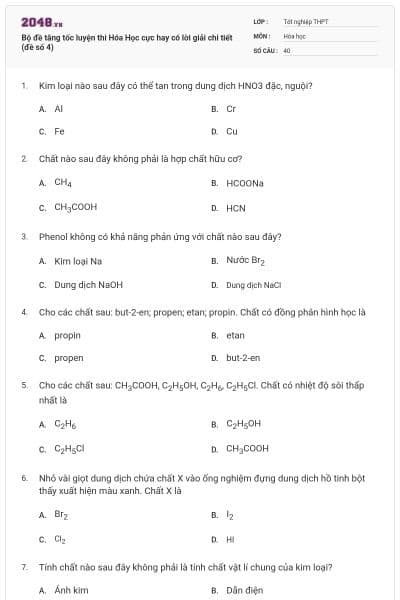 Bộ đề tăng tốc luyện thi Hóa Học cực hay có lời giải chi tiết (đề số 4)