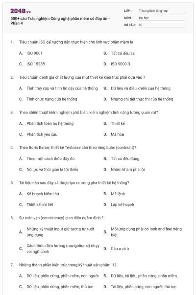 500+ câu Trắc nghiệm Công nghệ phần mềm có đáp án - Phần 4