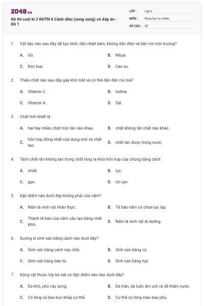 Đề thi cuối kì 2 KHTN 6 Cánh diều (song song) có đáp án - Đề 1