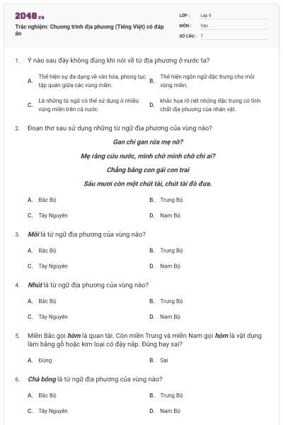 Trắc nghiệm: Chương trình địa phương (Tiếng Việt) có đáp án