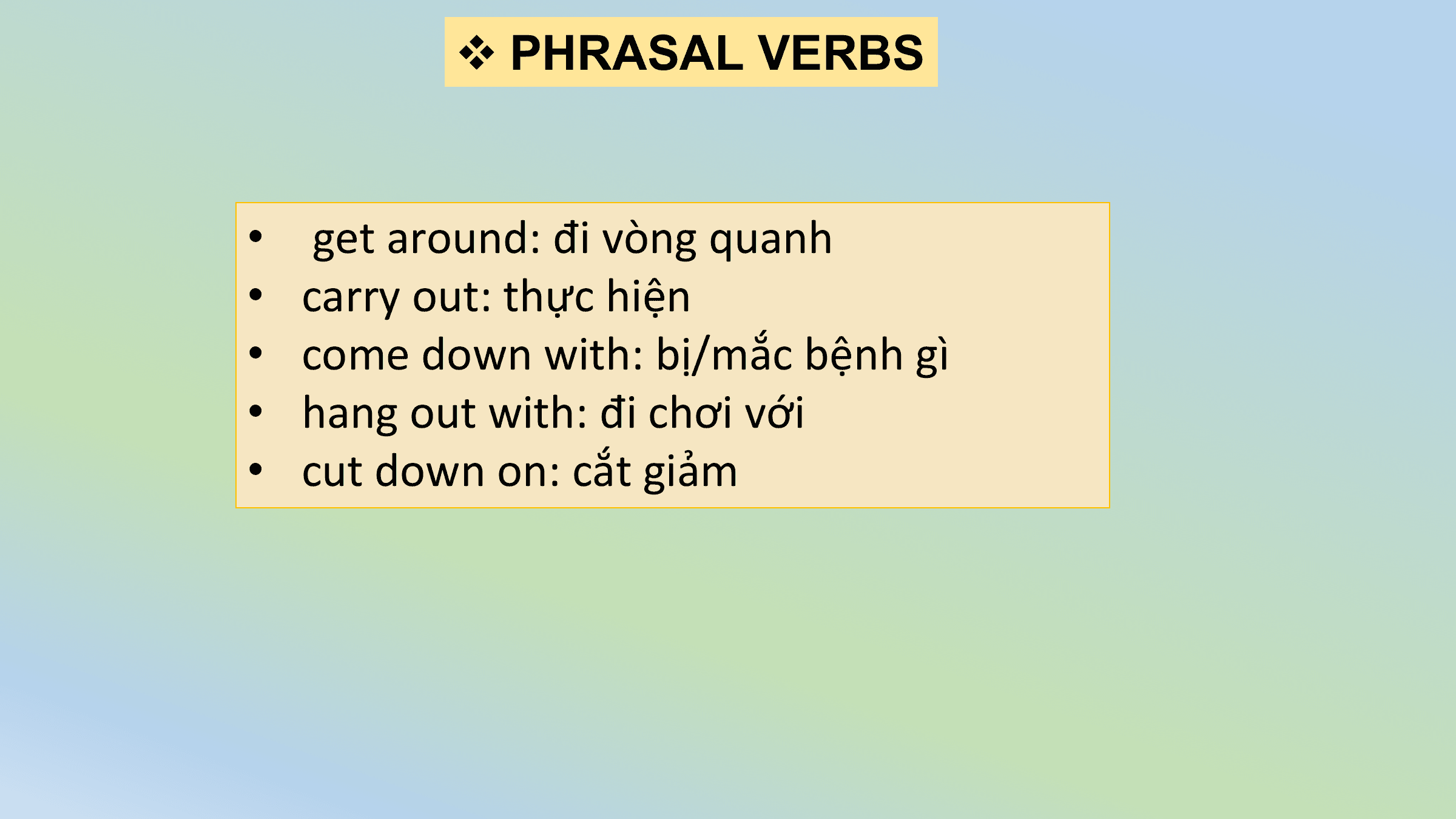 v PHRASAL VERBS

• get around: đi vòng quanh
• carry out: thực hiện
• come down with: bị/mắc bệnh gì
• hang out with: đi chơi với
• cut down on: cắt giảm