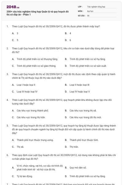200+ câu trắc nghiệm tổng hợp Quản lý và quy hoạch đô thị có đáp án - Phần 1