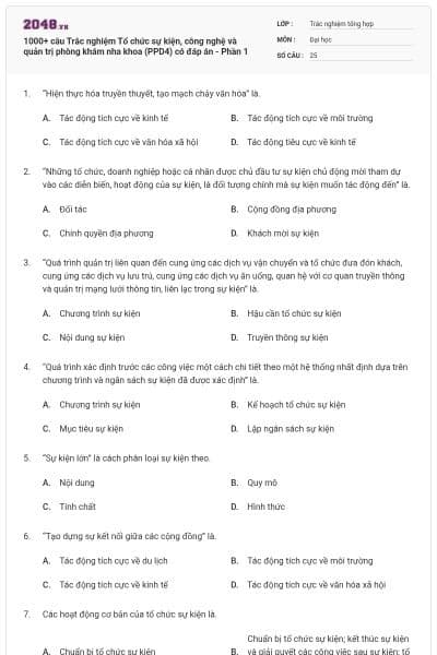 1000+ câu Trắc nghiệm Tổ chức sự kiện, công nghệ và quản trị phòng khám nha khoa (PPD4) có đáp án - Phần 1
